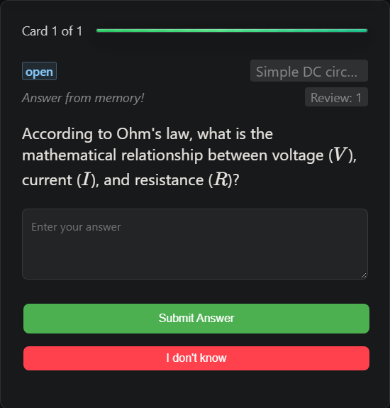 The same Ohm's law question appears with Review: 1 after advancing the test clock by 25 hours.